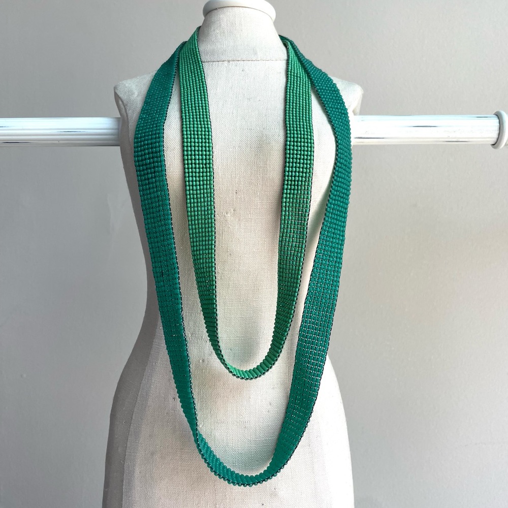 Handmade African Multi Green Seed Beaded Long Necklace